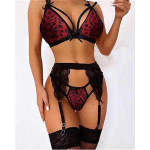 Sexy Leopard Print Strappy Bra and Panties Spaghetti Straps Underwear Lingerie with Garters N21595