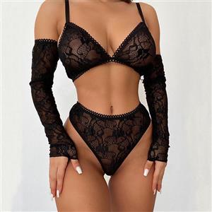 Exotic See-through Lace Bra and Panties Two-piece Underwear Lingerie with Gloves N21598