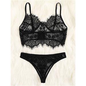 Sexy See-through Thin Lace Spaghetti Straps Bralette and Panties Two-piece Underwear Lingerie N21991