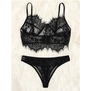 Sexy See-through Thin Lace Spaghetti Straps Bralette and Panties Two-piece Underwear Lingerie N21991