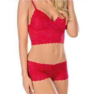 Sexy Red V Neck Floral Lace Spaghetti Strap Crop Top and Panty Lingerie Set N17350