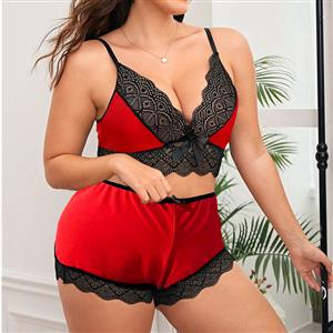 Sexy Plus Size Lace Spaghetti Strap Crop Top and Short Pants Lingerie Set N22939