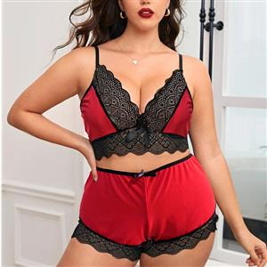 Sexy Plus Size Lace Spaghetti Strap Crop Top and Short Pants Lingerie Set N22941