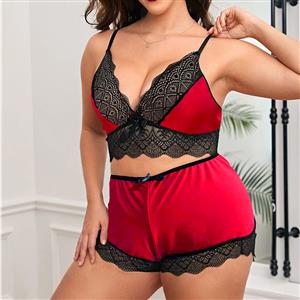 Sexy Plus Size Lace Spaghetti Strap Crop Top and Short Pants Lingerie Set N22941