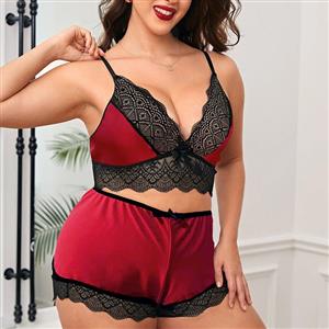 Sexy Plus Size Lace Spaghetti Strap Crop Top and Short Pants Lingerie Set N22941