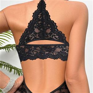 Sexy Black Hanging Neck See-through Crotchless Cut-out Bodysuit Teddies Lingerie N23065