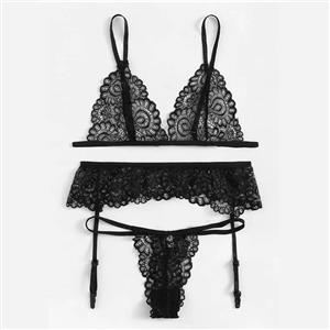 Sexy Black Lace Hollow Spaghetti Straps Triangle Bra Thong Lingerie Sets With Garter N20745