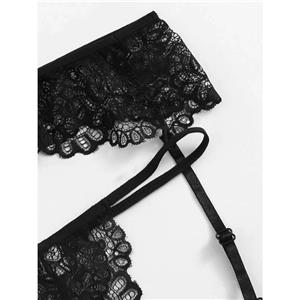 Sexy Black Lace Hollow Spaghetti Straps Triangle Bra Thong Lingerie Sets With Garter N20745