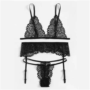 Sexy Black Lace Hollow Spaghetti Straps Triangle Bra Thong Lingerie Sets With Garter N20745