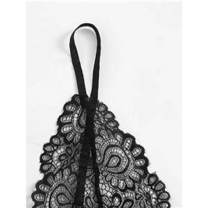 Sexy Black Lace Hollow Spaghetti Straps Triangle Bra Thong Lingerie Sets With Garter N20745