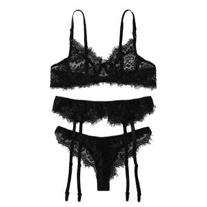 3Pcs Sexy Black Floral Lace Spaghetti Straps Triangle Bra Panty Lingerie Set With Garter N20760