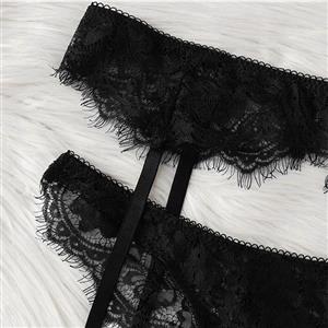 3Pcs Sexy Black Floral Lace Spaghetti Straps Triangle Bra Panty Lingerie Set With Garter N20760