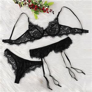 3Pcs Sexy Black Floral Lace Spaghetti Straps Triangle Bra Panty Lingerie Set With Garter N20760