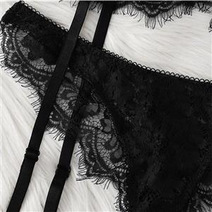 3Pcs Sexy Black Floral Lace Spaghetti Straps Triangle Bra Panty Lingerie Set With Garter N20760