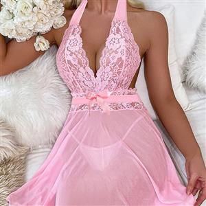 Sexy Pink Lace Mesh See-through Hanging Neck Backless Babydoll Sleepwear Lingerie N23343