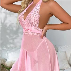 Sexy Pink Lace Mesh See-through Hanging Neck Backless Babydoll Sleepwear Lingerie N23343