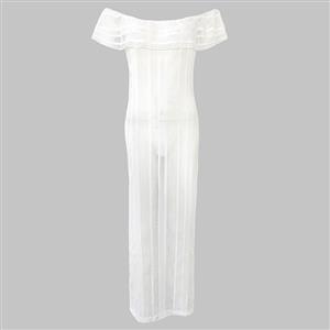 Sexy White Stripe See-through Fishnet Lace Off the Shoulder Cover Up N14145