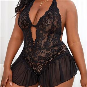 Plus Size Sexy See-through Lace Plunging Neckline Backless Bodysuit Teddies Lingerie N22827