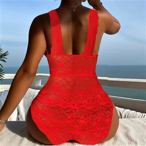 Sexy Red Plunging Neckline See-through Lace  Cut-out Bodysuit Teddies Lingerie N22896