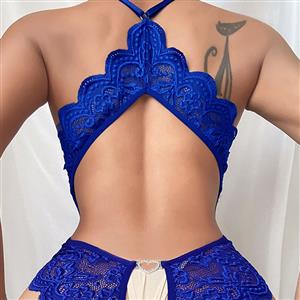 Sexy Blue Plunging Neckline See-through Crotchless Cut-out Bodysuit Teddies Lingerie N22958