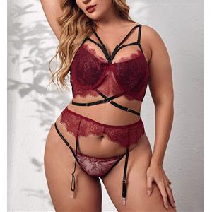 Plus Size Sexy See-through Lace Strappy Bra and Thong High Waist Lingerie with Garters N22219