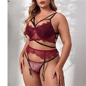 Plus Size Sexy See-through Lace Strappy Bra and Thong High Waist Lingerie with Garters N22219