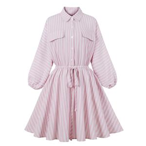 Fashion Lapel Striped Drawstring Front Buttons Long Sleeves Fall/Winter Midi Shirt Dress N21507