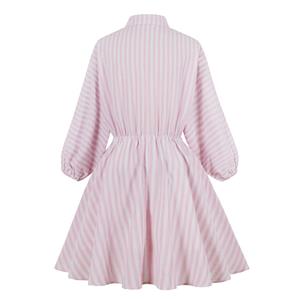 Fashion Lapel Striped Drawstring Front Buttons Long Sleeves Fall/Winter Midi Shirt Dress N21507