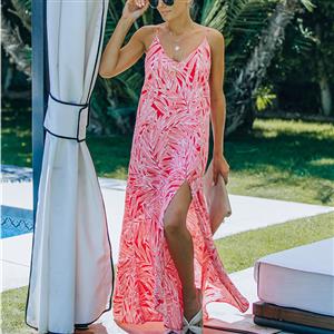 Sexy Red Leaves Print Spaghetti Straps Low-cut Backless Beach Irregular Swing Sling Dress N21188