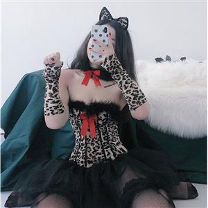 4Pcs Sexy Leopard Print Strapless Tight Gauze Mini Dress Set Leopard Cosplay Costume N20861