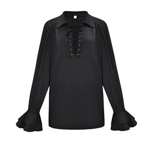 Men's Fashion Black Lapel Lace Up Long Sleeve Ruffle Cuff Pirate Shirt Blouse Tops N20549