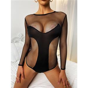 Sexy See-through Stretchy Mesh Long Sleeve One-piece Clubwear Teddies Lingerie N21553