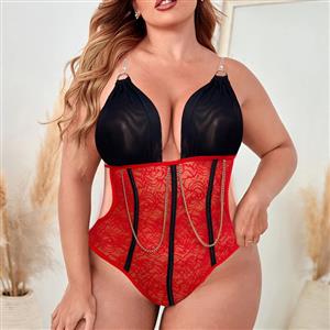 Plus Size Sexy See-through Lace Low-cut with Chains Elastic Bodysuit Teddies Lingerie N22038