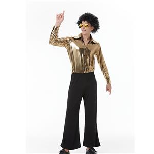 Golden Men's 70s Disco Dancing King Shiny Shirt Bell-bottoms Outfit Masquerade Costume N22916