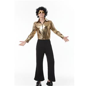 Golden Men's 70s Disco Dancing King Shiny Shirt Bell-bottoms Outfit Masquerade Costume N22916