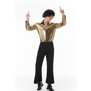 Golden Men's 70s Disco Dancing King Shiny Shirt Bell-bottoms Outfit Masquerade Costume N22916