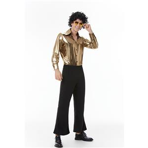 Golden Men's 70s Disco Dancing King Shiny Shirt Bell-bottoms Outfit Masquerade Costume N22916