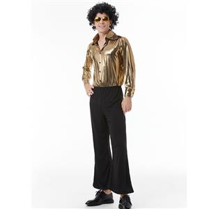 Golden Men's 70s Disco Dancing King Shiny Shirt Bell-bottoms Outfit Masquerade Costume N22916