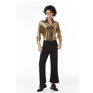 Golden Men's 70s Disco Dancing King Shiny Shirt Bell-bottoms Outfit Masquerade Costume N22916