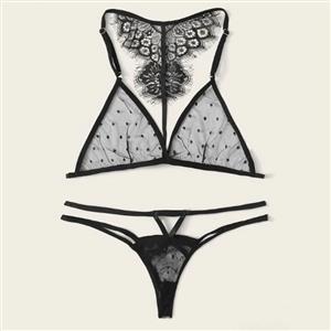 Sexy Black Sheer Mesh Polka Dots Halter Low Cut Back Lace Three-point Lingerie Set N20747