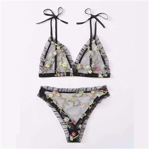 Sexy Black See-through Mesh Floral Embroidery Low Cut Triangle Bra And Panty Lingerie Set N20753