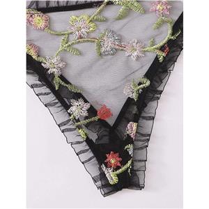 Sexy Black See-through Mesh Floral Embroidery Low Cut Triangle Bra And Panty Lingerie Set N20753