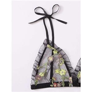 Sexy Black See-through Mesh Floral Embroidery Low Cut Triangle Bra And Panty Lingerie Set N20753