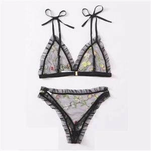 Sexy Black See-through Mesh Floral Embroidery Low Cut Triangle Bra And Panty Lingerie Set N20753