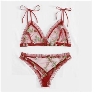 Sexy Red See-through Mesh Floral Embroidery Low Cut Triangle Bra And Panty Lingerie Set N20754