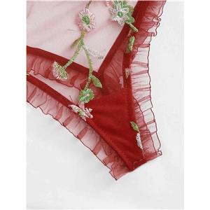 Sexy Red See-through Mesh Floral Embroidery Low Cut Triangle Bra And Panty Lingerie Set N20754