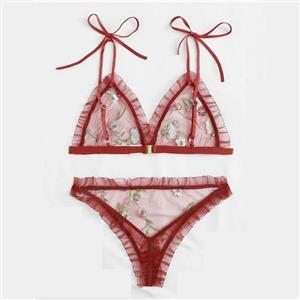 Sexy Red See-through Mesh Floral Embroidery Low Cut Triangle Bra And Panty Lingerie Set N20754