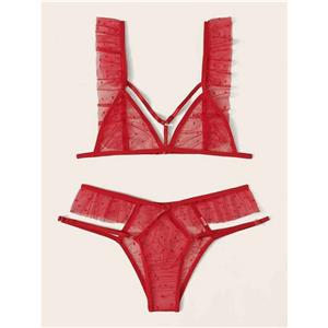 Sexy Red See-through Mesh Polka Dots Low Cut Triangle Bra And Panty Lingerie Set N20818