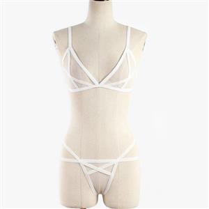 Sexy White Sheer Mesh Spaghetti Straps Bra and Panties Bandage Stretchy Lingerie Set N21322