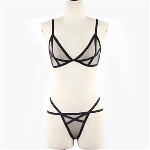 Sexy Black Sheer Mesh Spaghetti Straps Bra and Panties Bandage Stretchy Lingerie Set N21323